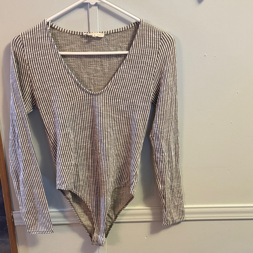 Striped olive green V-Neck Long Sleeve Bodysuit